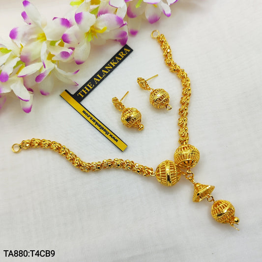 Gold Plated Ball Design Necklace Set with Bokul Chain and Earrings