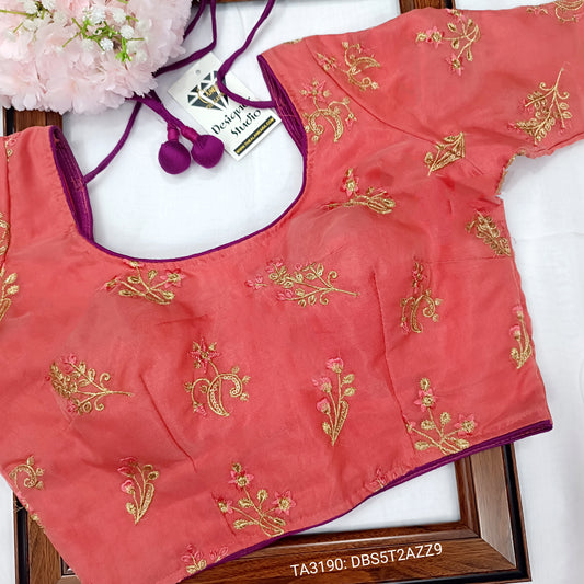 Peach Pink Tissue Organza Zari Embroidery Designer Blouse