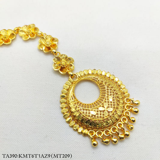 Gold Plated Chandbali Designed Tikli with Flower Chain - Maangtikka