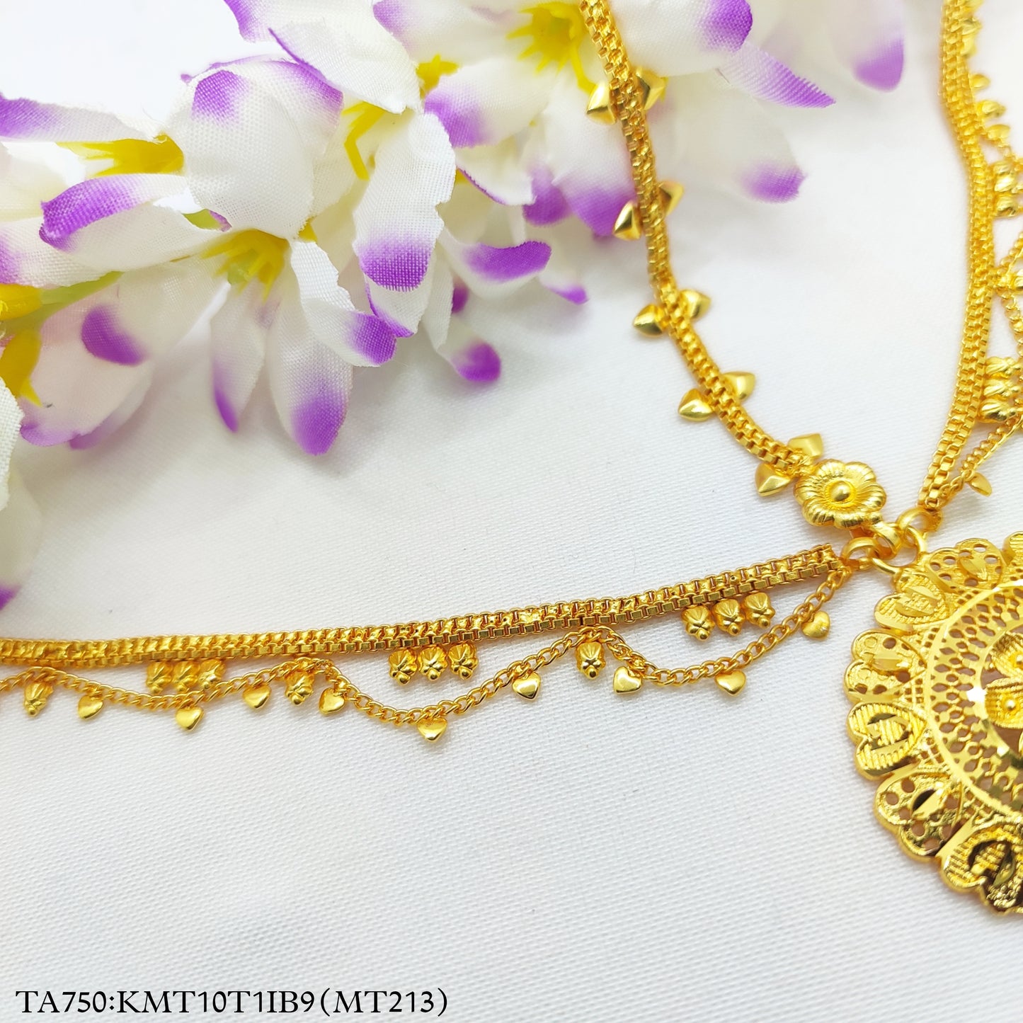Gold Plated Flower Design Round Taira Tikli Maangtikka with Multilayer Chain
