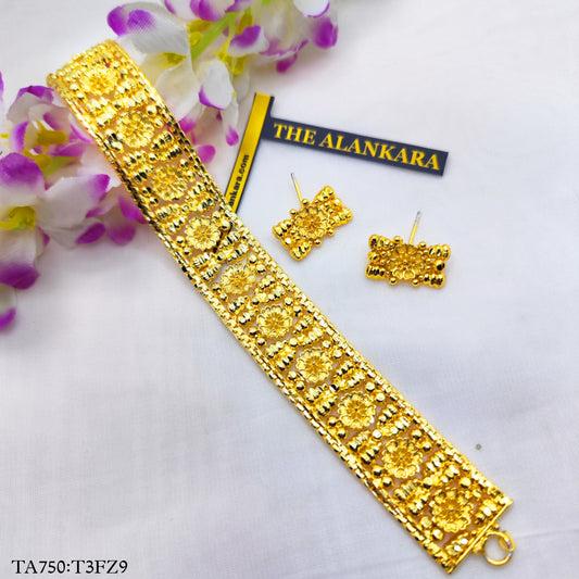 Flower Motif Gold Plated Belt Choker Set With Earrings