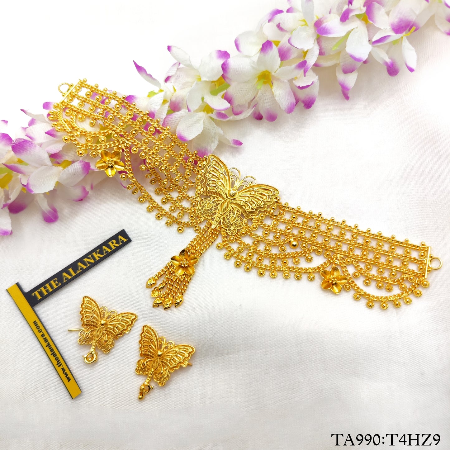 Butterfly Motif Lohori Gold Plated Belt Choker Necklace With Earrings Set
